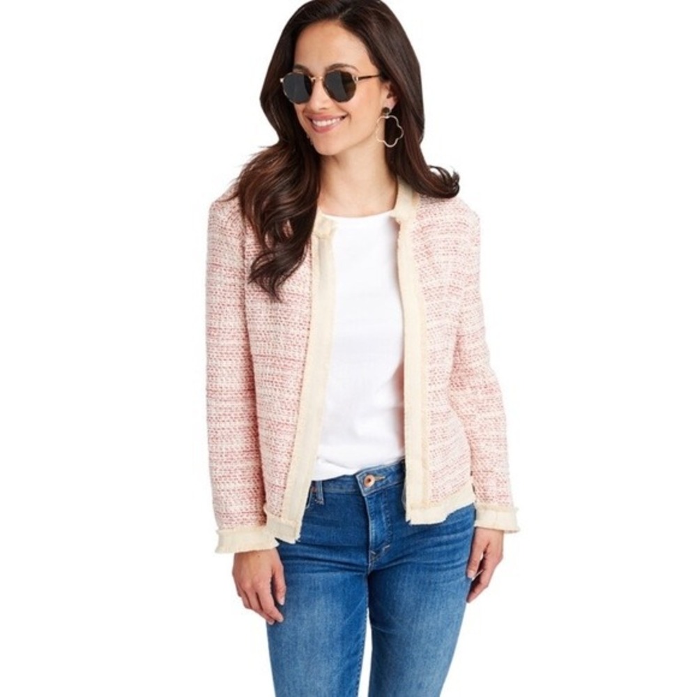 Vineyard Vines Red Cream Tweed Fringe Open Front Jacket Made in Italy Size M